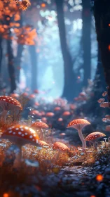 Luminescent mushrooms in misty forest corridor