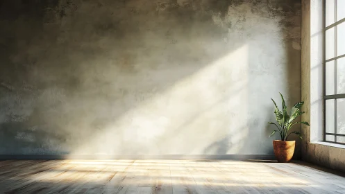 Sunlight enters empty interior, illuminating plant and floor