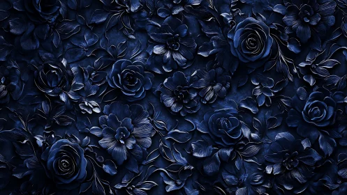 Indigo Floral Relief Composition with Layered Textural Dimensional Sculpting