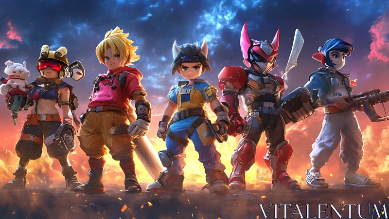 Five neon-clad heroes lock stances beneath a burning sky
