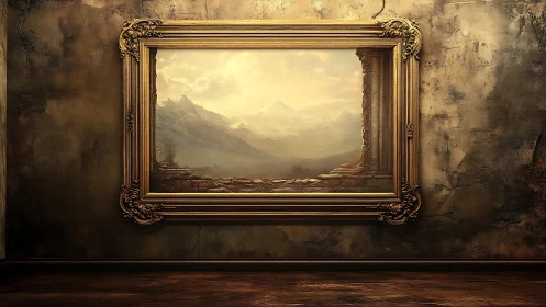 Gilded portal frame revealing atmospheric ruinous landscape.