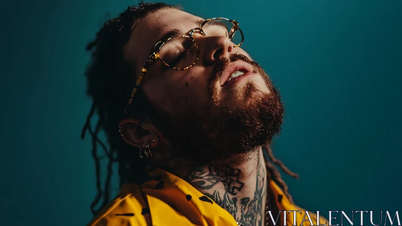 Shallow-depth portrait captures tattooed subject in rim-lit profile