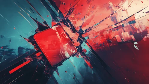 Red glass panel shatters through teal digital space