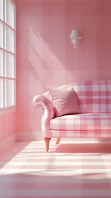 Sunlit pink checkered sofa in a softly glowing corner.