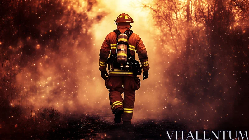 Firefighter Advancing Through Inferno with Tactical Equipment and Protective Gear