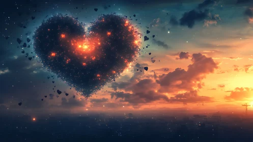 Luminous Heart Particles Exploding Through Celestial Sunset Atmosphere