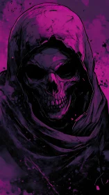 Grim reaper skull in hood with intense magenta lighting.