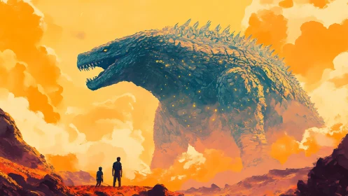 Giant reptilian creature facing two humans in vivid landscape.