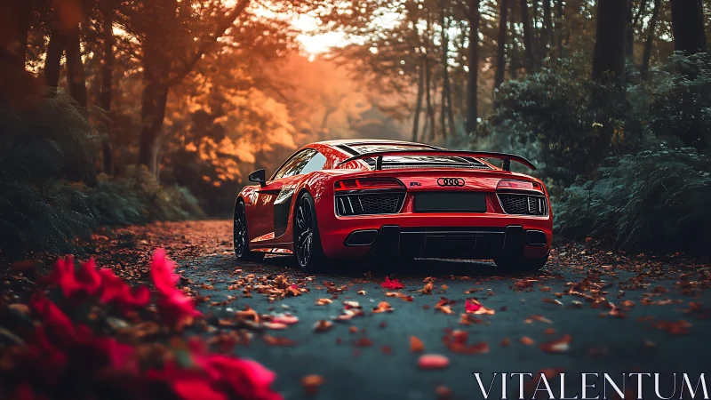 Red sports car is parked on forest road in autumn light
