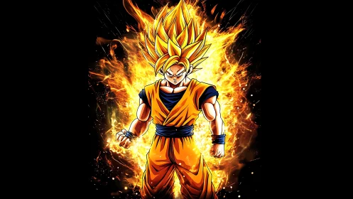 Superpowered anime fighter stands within intense fiery aura