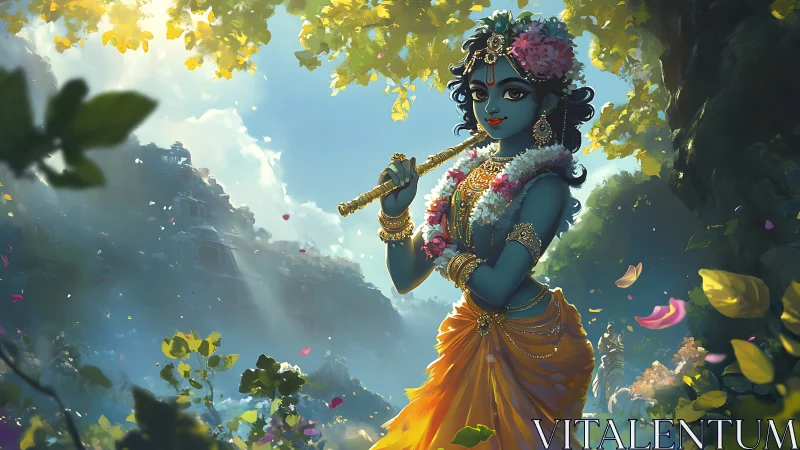 Flute song beneath golden leaves in a dreamy forest grove.