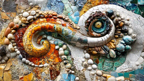 Curving reptile eye mosaic in rich stone and glass detail.