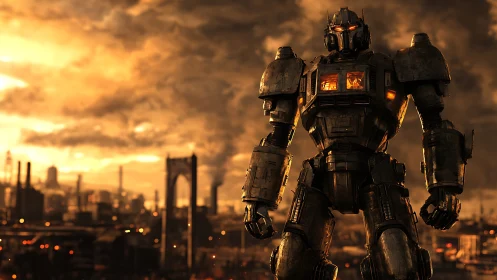 Armored combustion mech overlooking industrial dusk skyline.