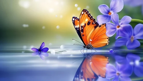 Vibrant Butterfly and Flowers in Dreamy Watercolor Nature Scene.