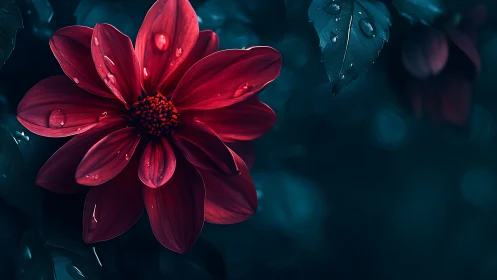 Deep Red Bloom Against Teal Darkness with Dewdrops