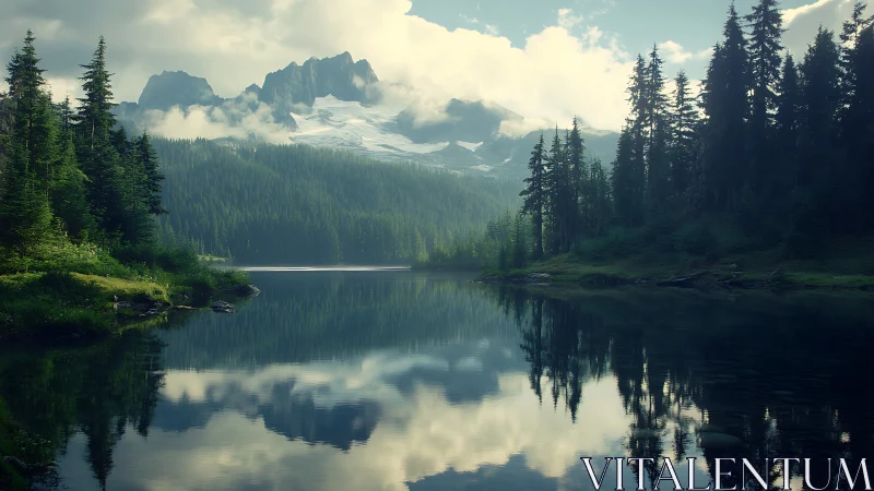 Alpine conifer lake with glacial mountains and cloud reflections