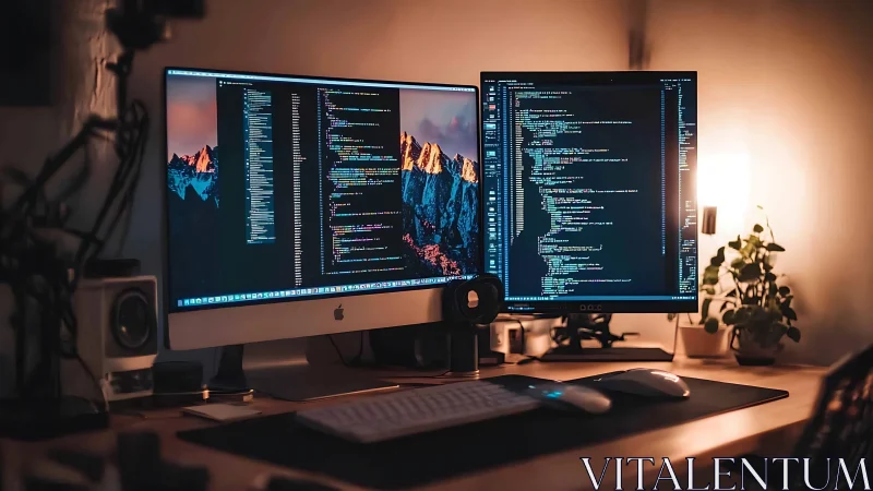 Dual-monitor coding workspace glows with warm ambient light.