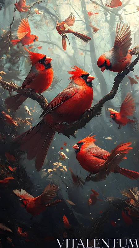 Crimson cardinals convene in a swirling woodland storm of light