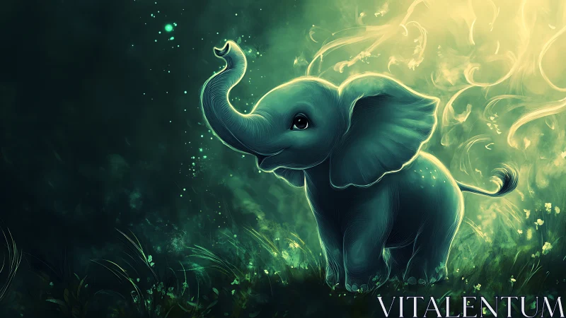 Moonlit meadow elephant glows in drifting dreamlight.