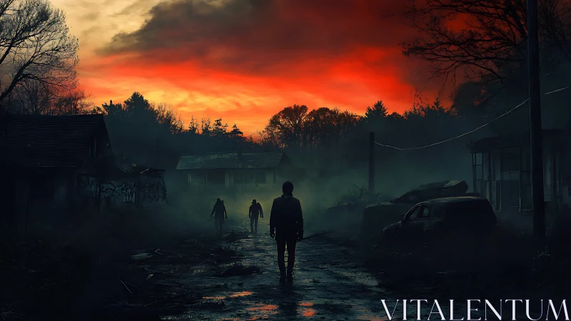 Figures on deserted road under red dusk sky in ruins.