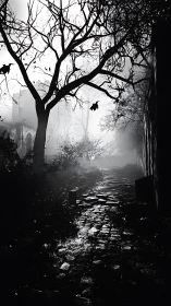 High-contrast cobblestone path recedes into dense atmospheric fog