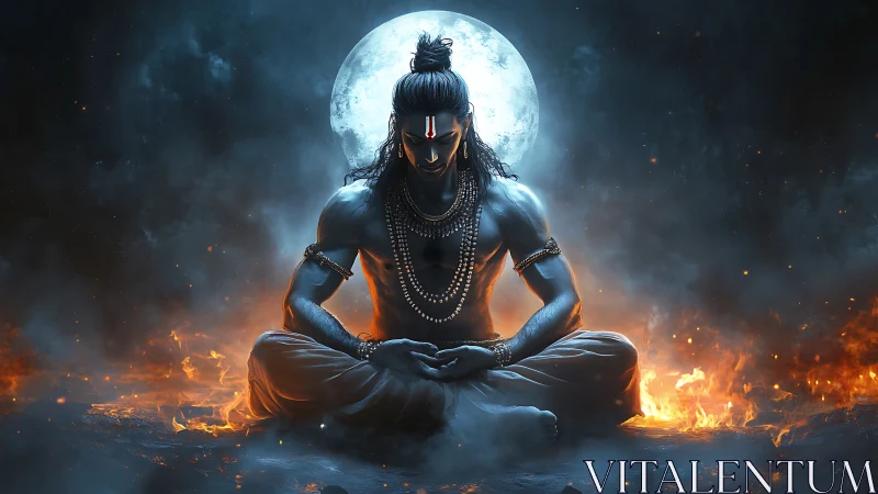Divine warrior meditates in flames under a radiant full moon
