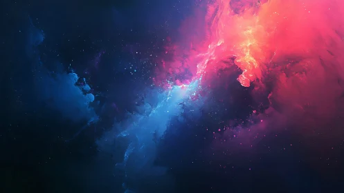 Cosmic nebula clouds collide in vivid pink and blue light.