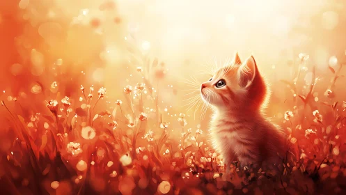 Sunlit meadow kitten basking in shimmering golden bloom.