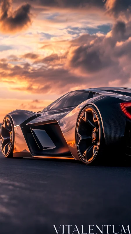 Futuristic hypercar rendered at sunset on open road.