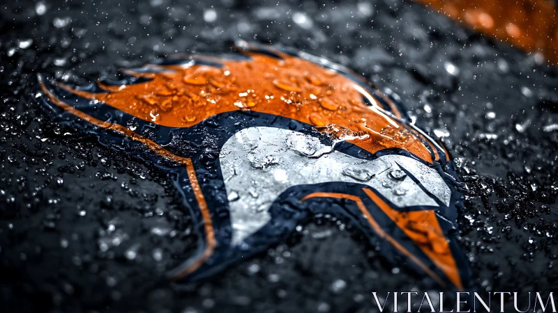 Hydrophobic droplets over glossy orange equine emblem surface.