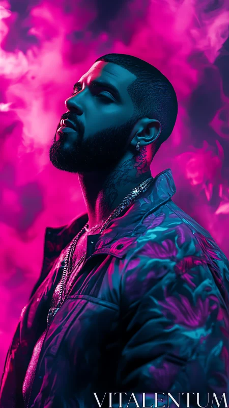 Profile portrait of tattooed man in neon smoke environment