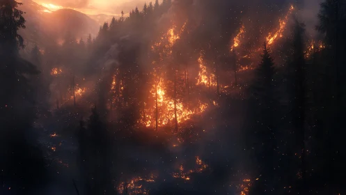 Pyroclastic forest wildfire with intense luminous combustion zones.