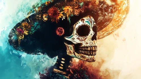 Calavera portrait in blazing turquoise and gold contrasts.