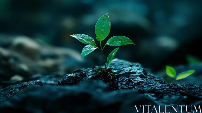 Young green plant emerging from wet dark forest ground.