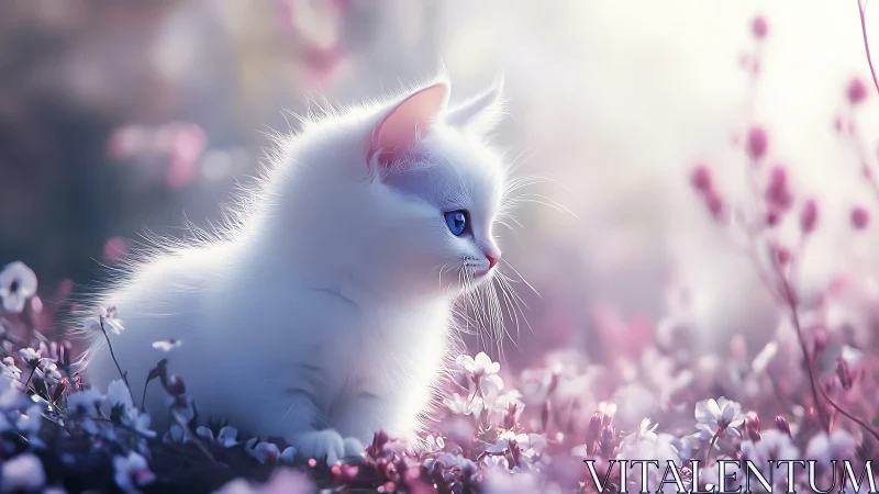 White Feline with Blue Eyes in Floral Field. Soft Focus Digital Rendering