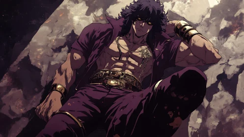 Muscular anime man reclining against cracked stone ground.