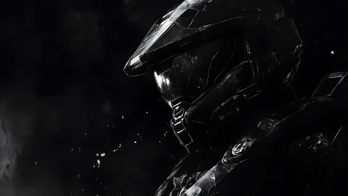 Armored sci fi soldier in dark monochrome profile study.