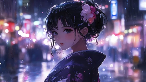 Nocturnal rainlit kimono portrait in neon cityscape focus.