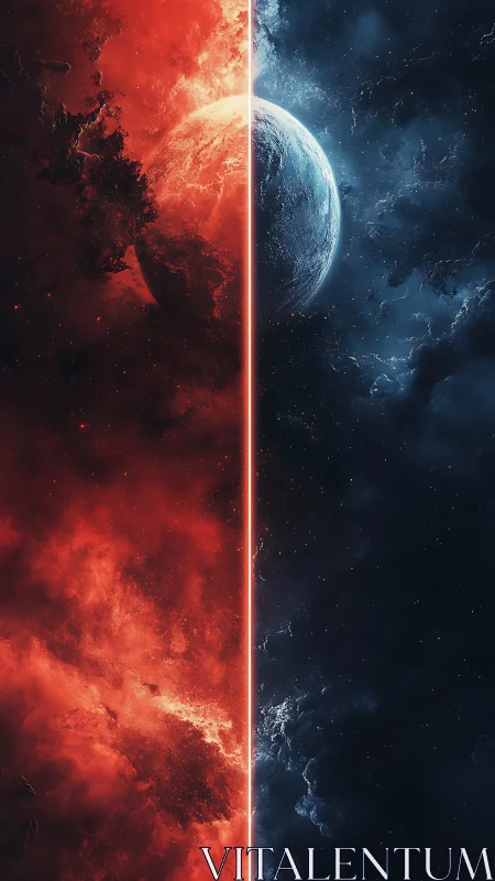 Divided planetary sphere between red and blue nebula fields.