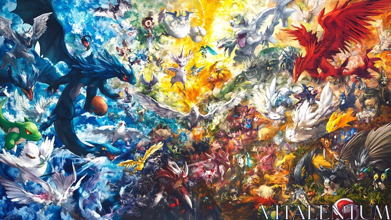 Legendary creature clash fills explosive elemental sky.