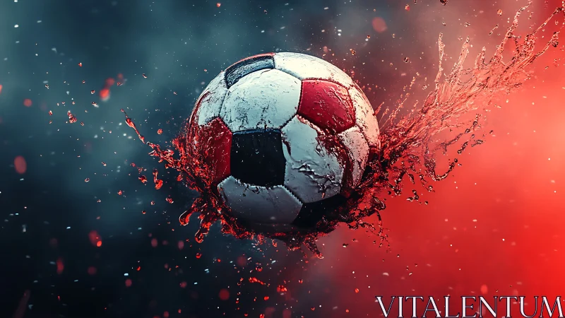 Dynamic soccer ball impact with red liquid splash composition.