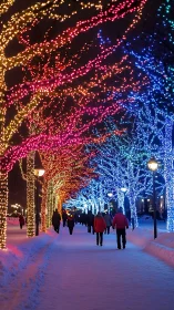 Winter urban walkway under multicolored illuminated trees.