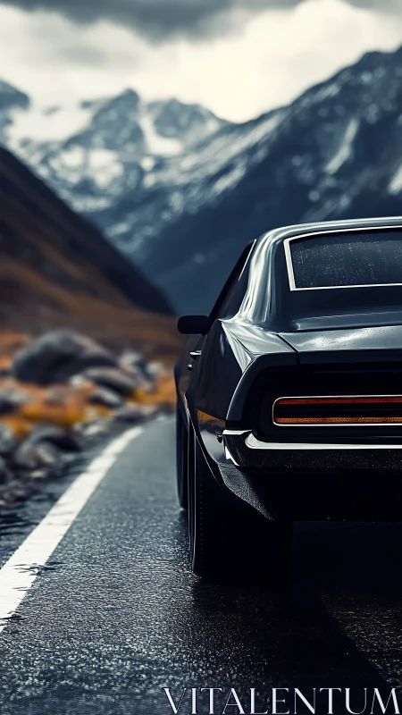 Moody mountain highway cruise with a classic black car.