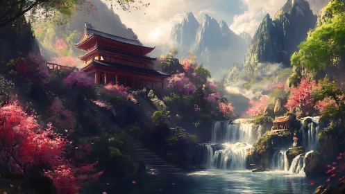 Tranquil mountain temple embraced by blossoms and waterfalls.