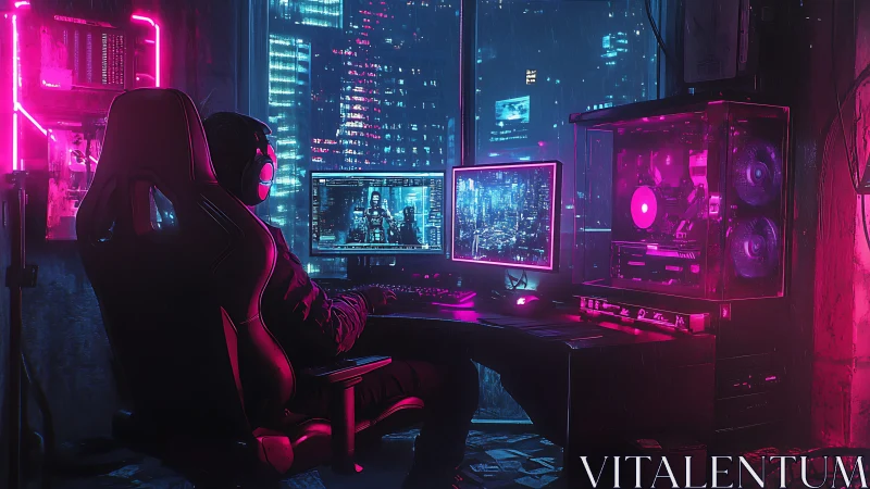 Neon coder at midnight command, glowing over cyber city.