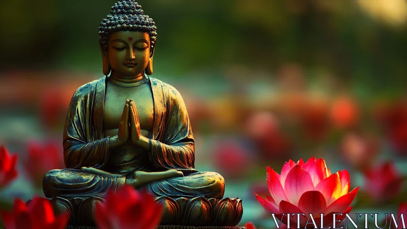 Lotus-lit bronze Buddha settles into sunset-colored stillness