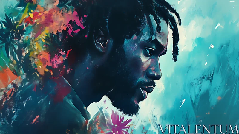 Contemplative profile portrait with abstract floral color field.