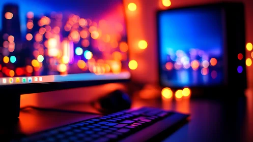 Vibrant RGB desktop workspace glows with neon city ambience