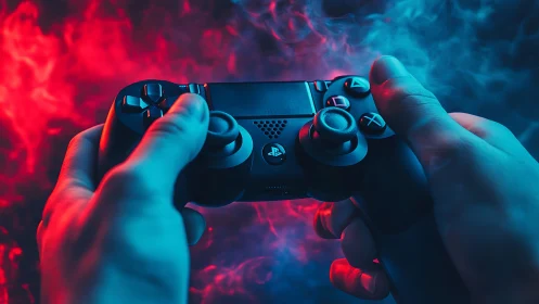 Gaming controller glows under neon red and blue smoke.
