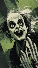 Wild-eyed ghostly trickster in bold green chaos.